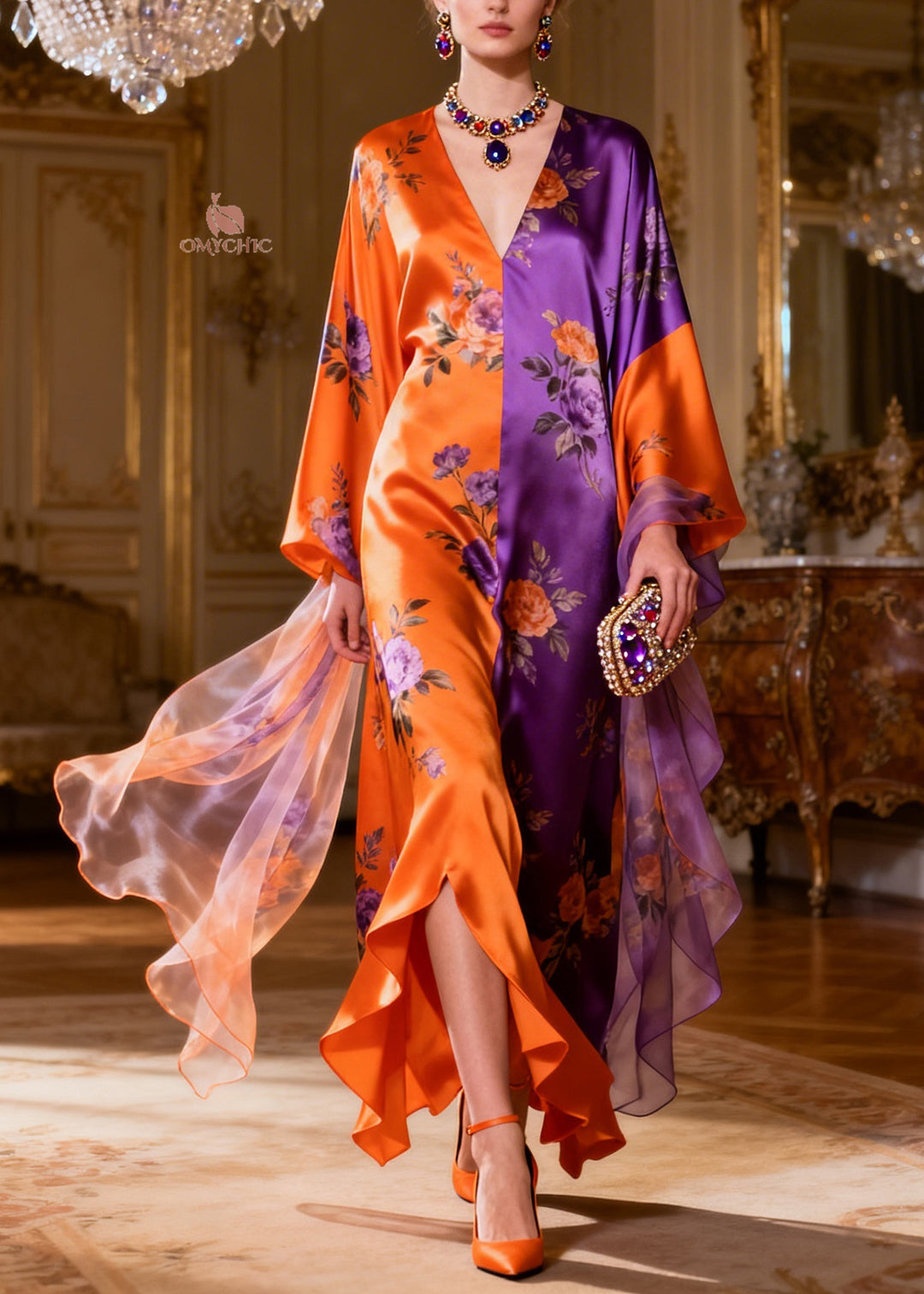 Classy Pink V Neck Print Patchwork Silk Long Dress Summer