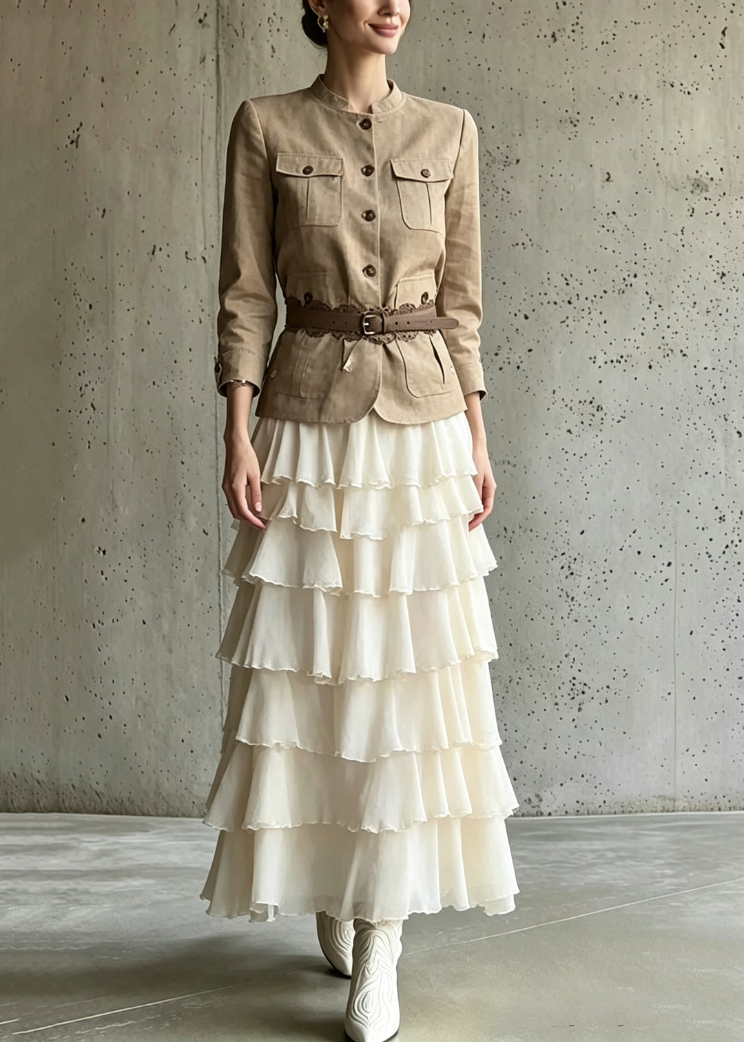 Classy Pockets Patchwork Coats And Maxi Skirts Two Piece Set Long Sleeve