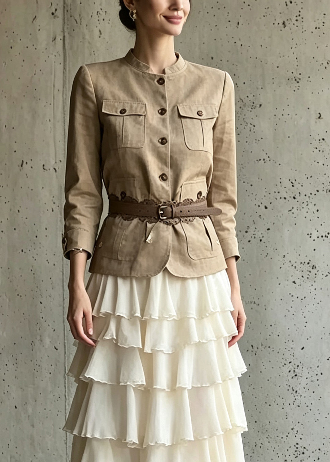 Classy Pockets Patchwork Coats And Maxi Skirts Two Piece Set Long Sleeve