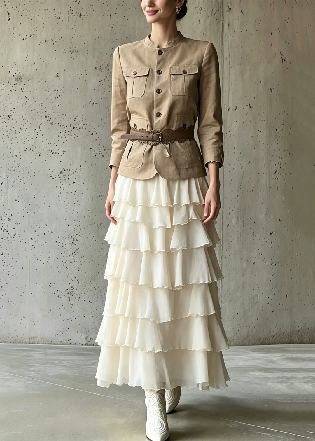 Classy Pockets Patchwork Coats And Maxi Skirts Two Piece Set Long Sleeve