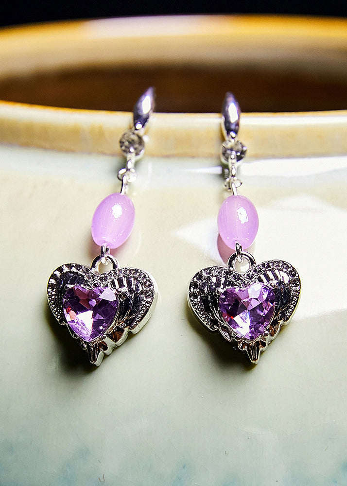 Classy Purple Heart-shaped Gem Stone Drop Earrings - Omychic