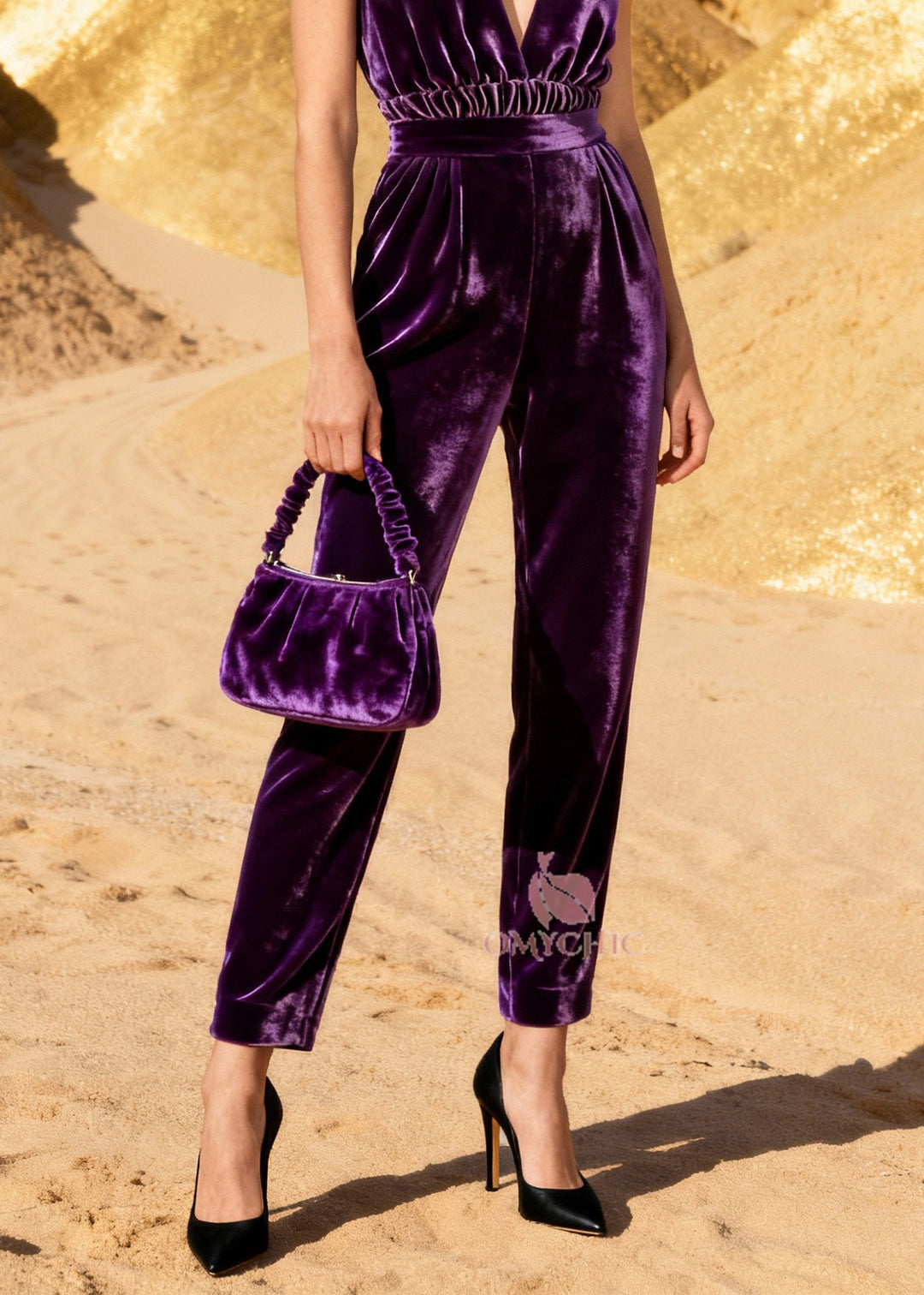Classy Purple High Waist Silk Velvet Jumpsuit Sleeveless