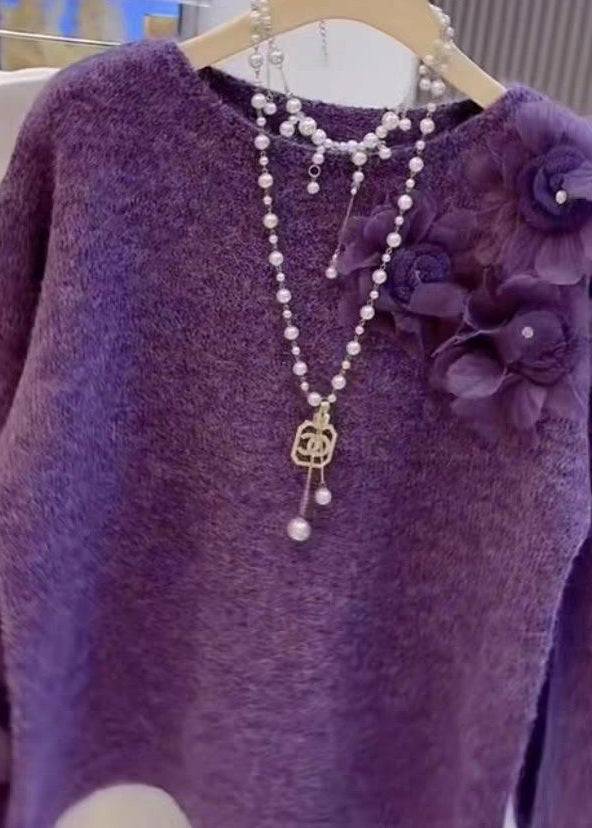 Classy Purple O Neck Floral Knit Sweaters Spring