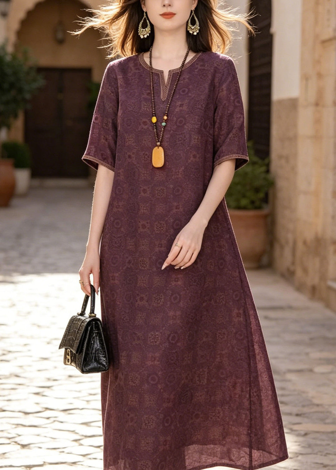 Classy Purple O Neck Print Silk Dresses Summer
