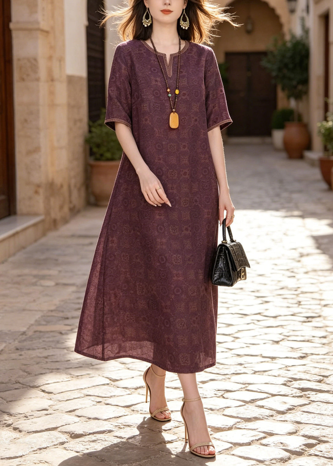 Classy Purple O Neck Print Silk Dresses Summer