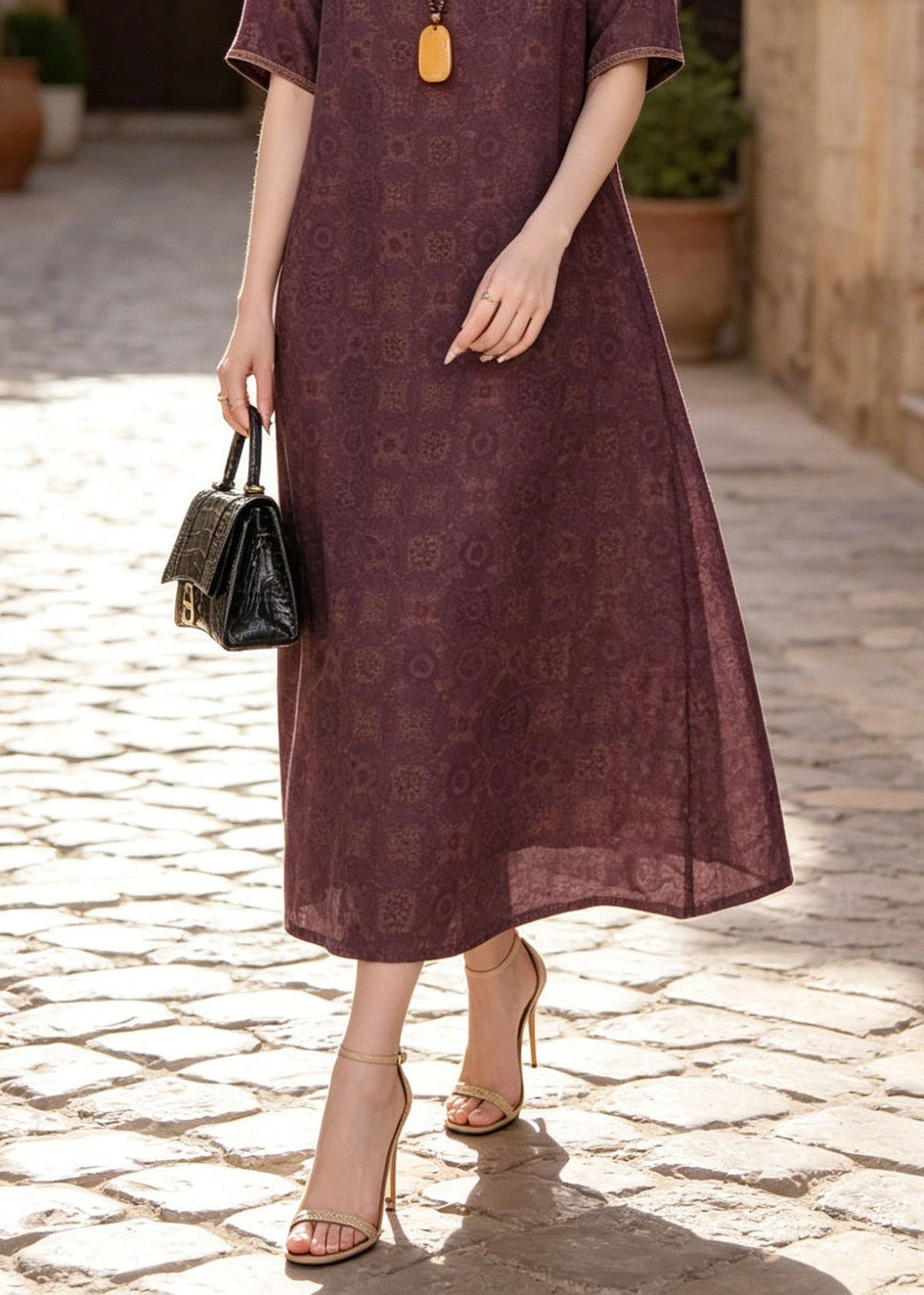 Classy Purple O Neck Print Silk Dresses Summer