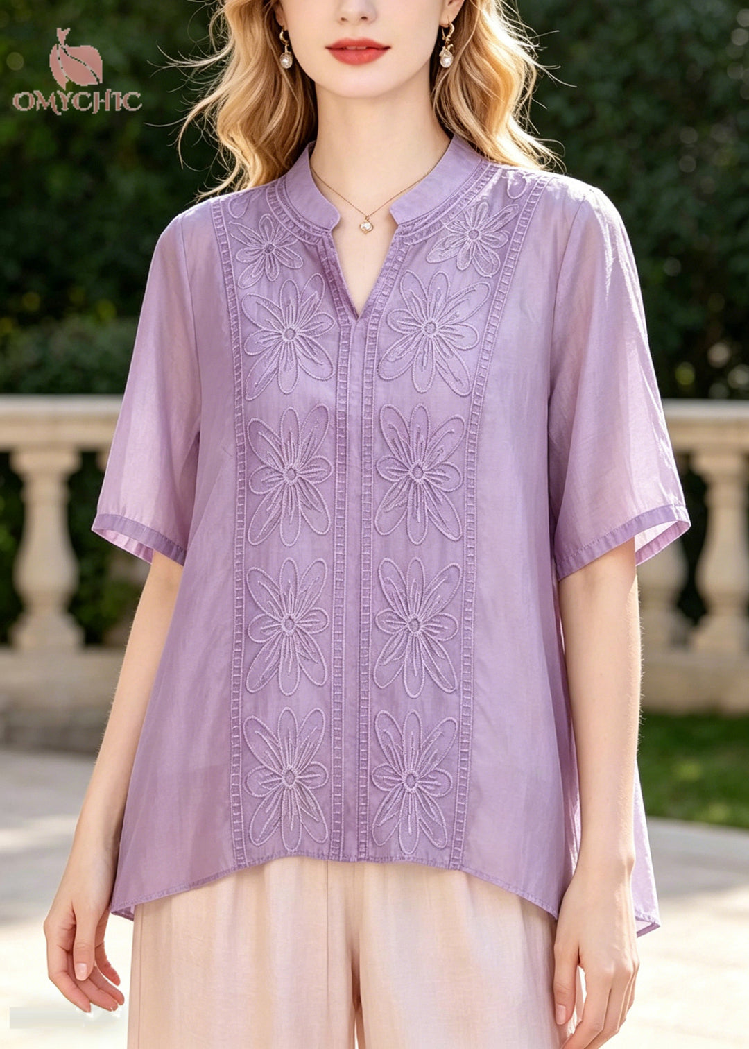 Classy Purple Oversized Embroidered Cotton Silk Top Summer