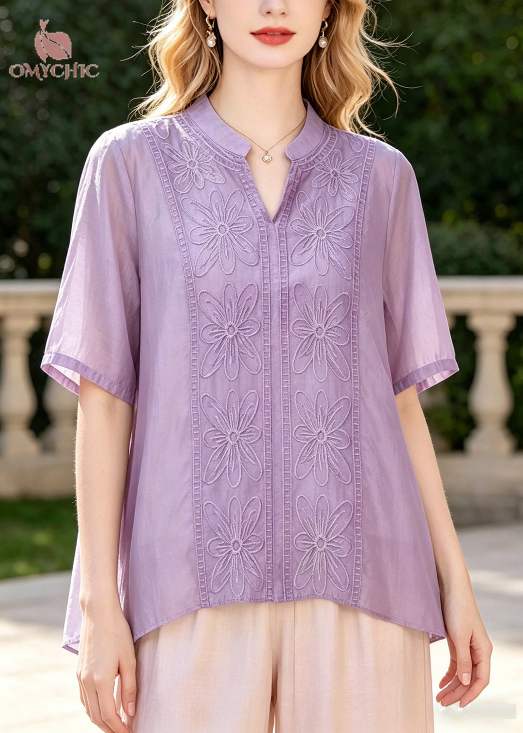 Classy Purple Oversized Embroidered Cotton Silk Top Summer