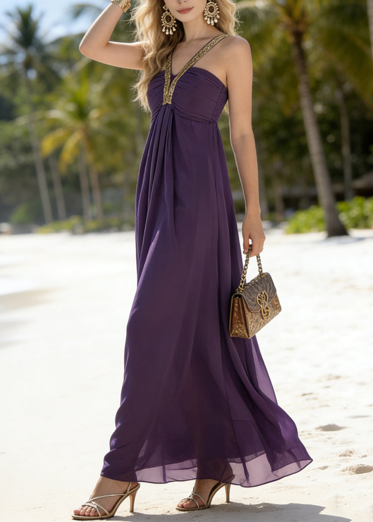 Classy Purple Patchwork Chiffon Spaghetti Strap Dress Summer - Omychic