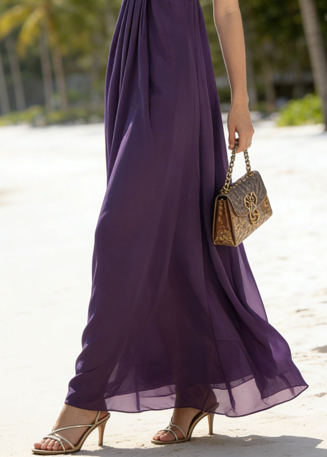 Classy Purple Patchwork Chiffon Spaghetti Strap Dress Summer - Omychic