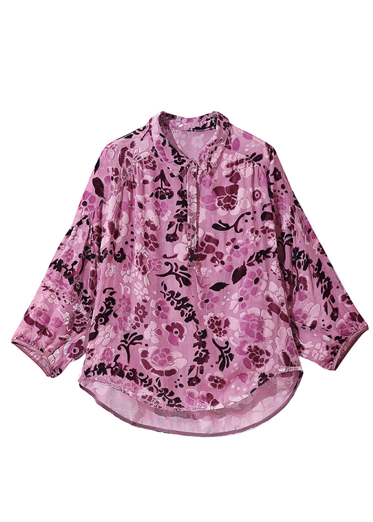 Classy Purple Peter Pan Collar Low High Design Silk Velour Top Bracelet Sleeve
