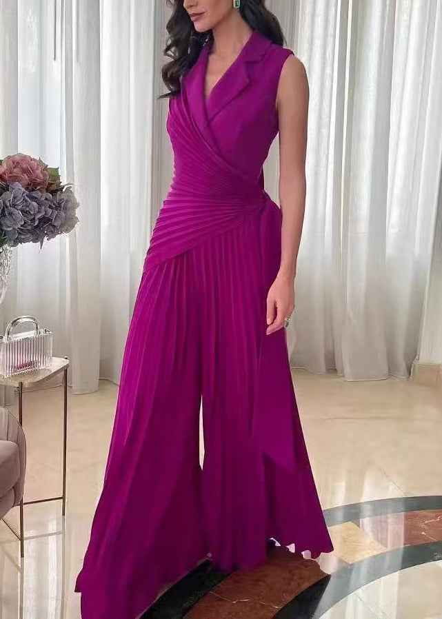 Classy Purple Peter Pan Collar Wrinkled Patchwork Cotton Jumpsuit Summ