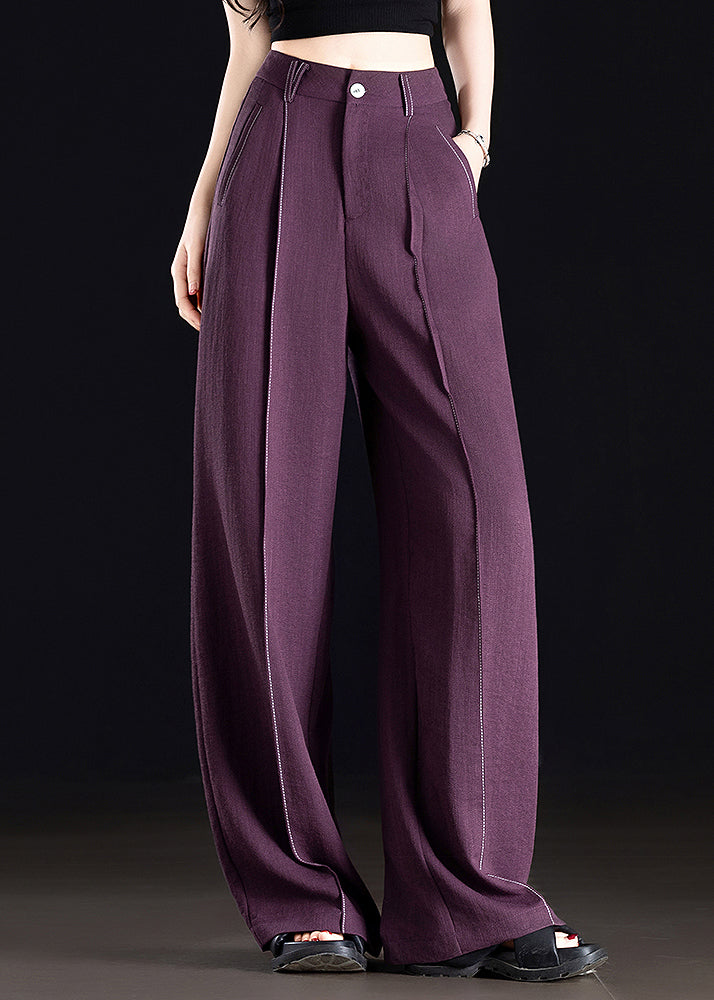 Classy Purple Pockets Patchwork Linen Straight Pants Spring