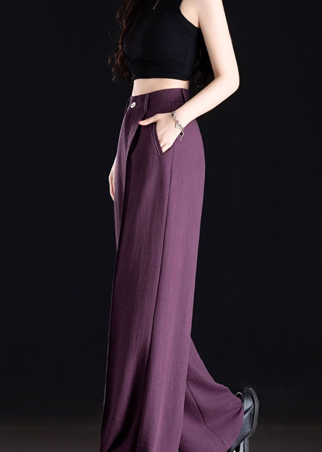 Classy Purple Pockets Patchwork Linen Straight Pants Spring