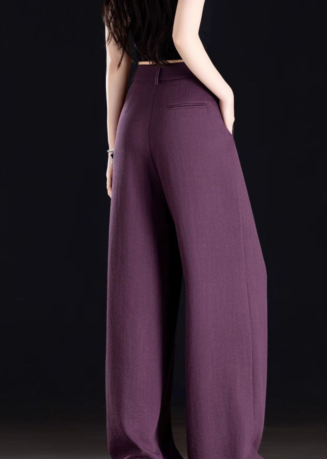 Classy Purple Pockets Patchwork Linen Straight Pants Spring