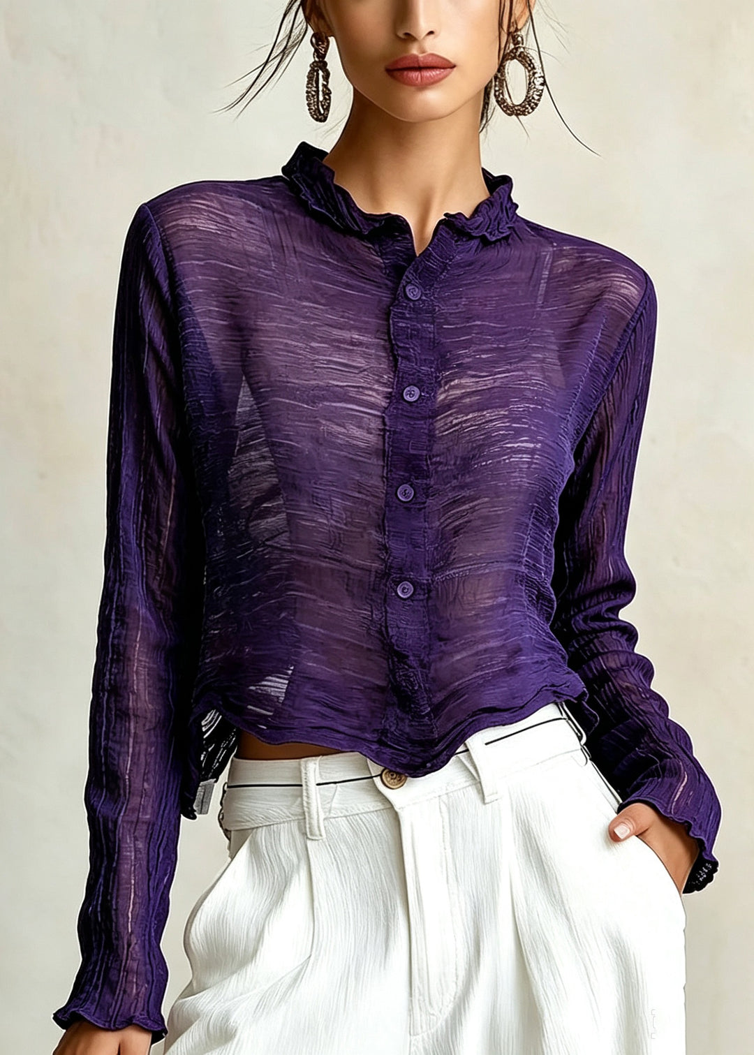 Classy Purple Ruffled Wrinkled Button Cotton Shirt Top Fall