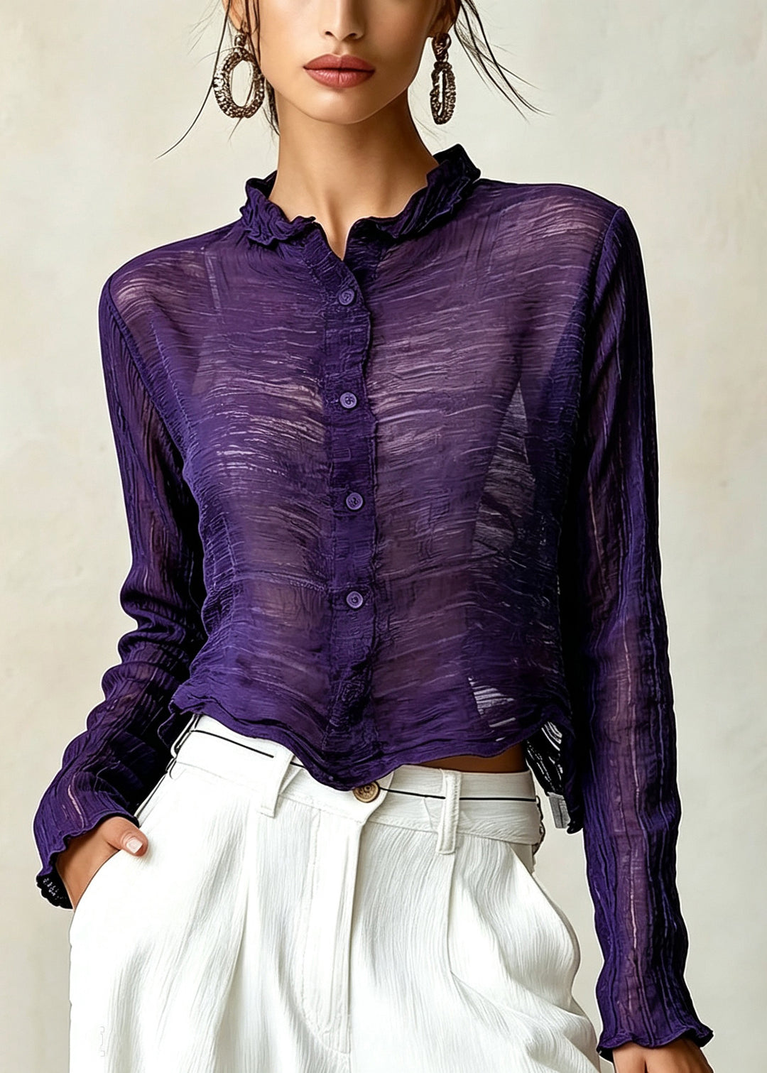 Classy Purple Ruffled Wrinkled Button Cotton Shirt Top Fall