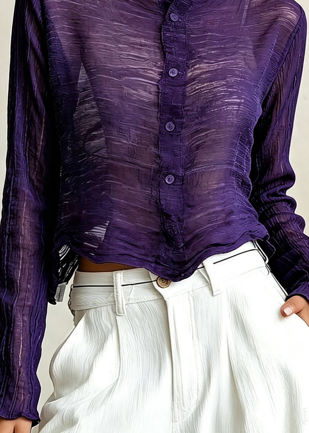 Classy Purple Ruffled Wrinkled Button Cotton Shirt Top Fall
