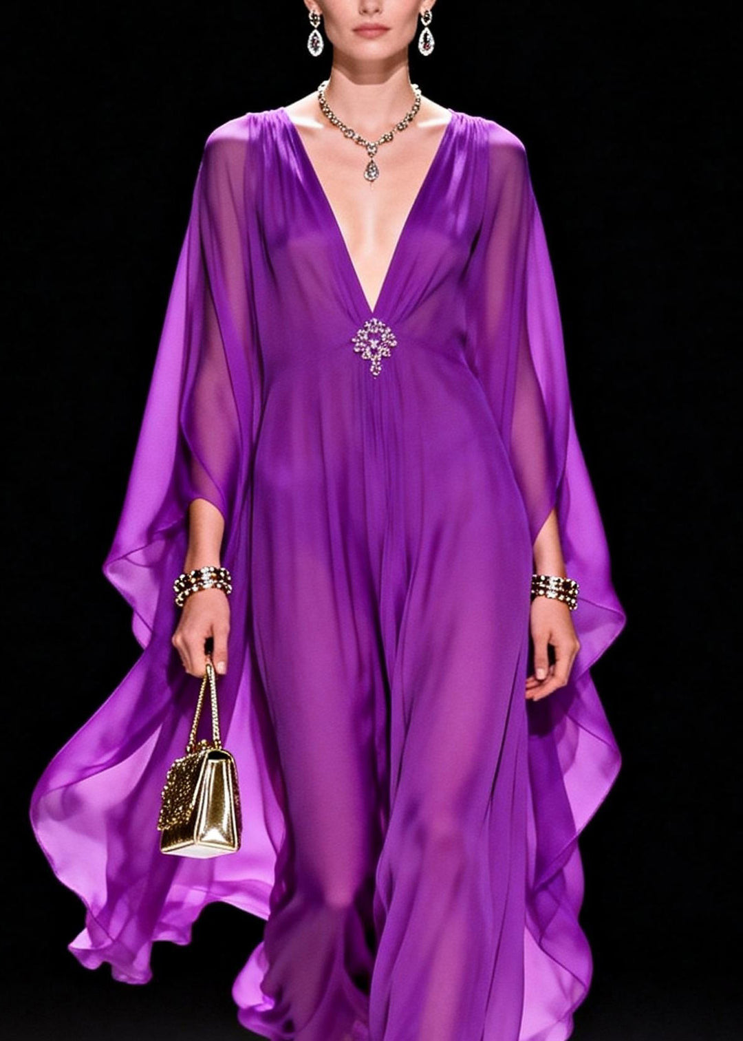 Classy Purple V Neck Chiffon Long Dress Summer