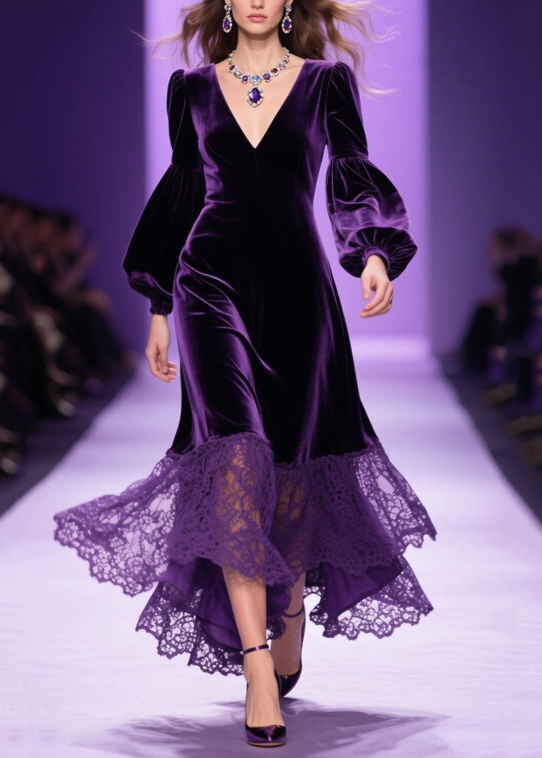 Classy Purple V Neck Lace Patchwork Velvet Dress Fall