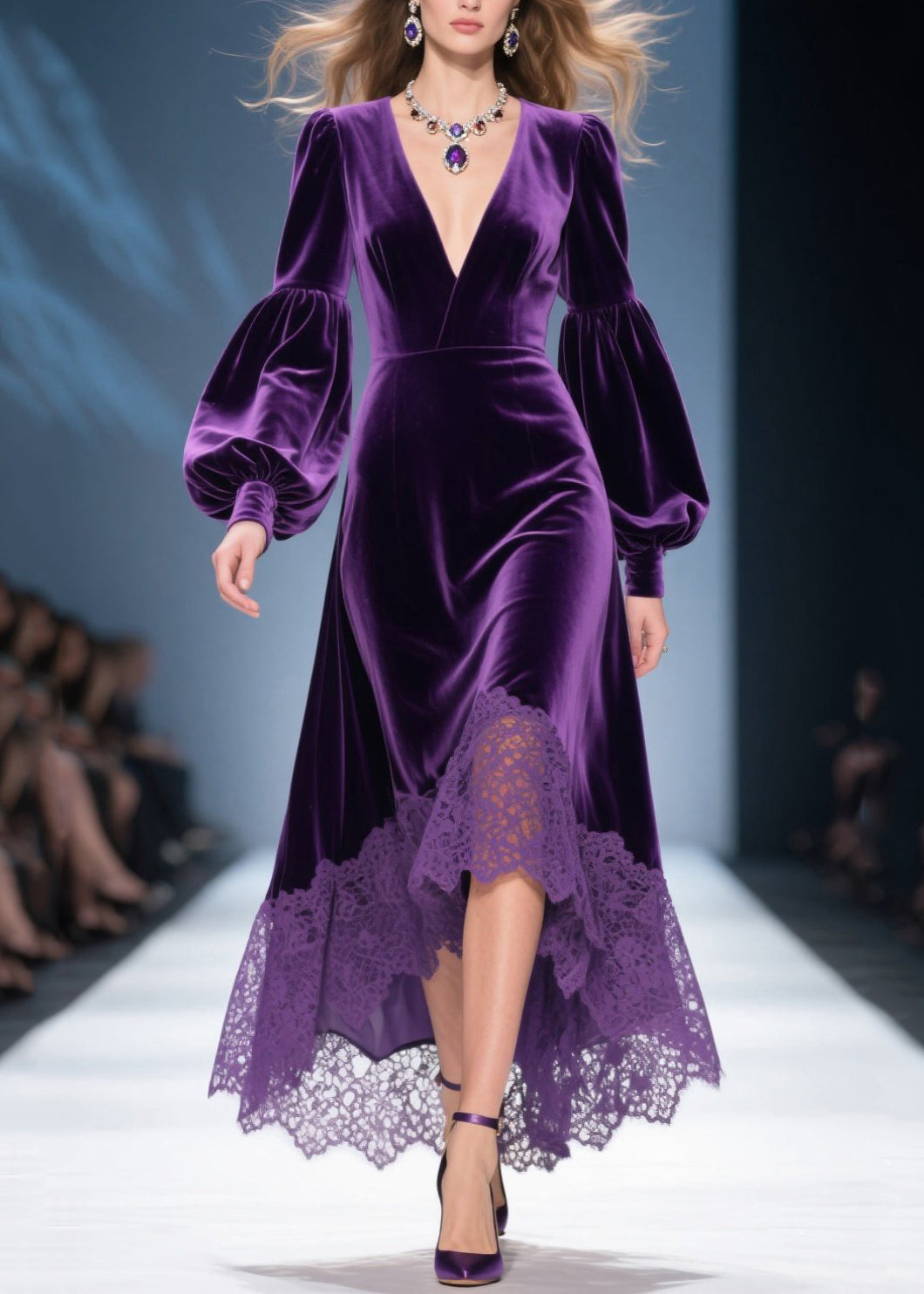 Classy Purple V Neck Patchwork Lace Silk Velvet Robe Dresses Lantern Sleeve