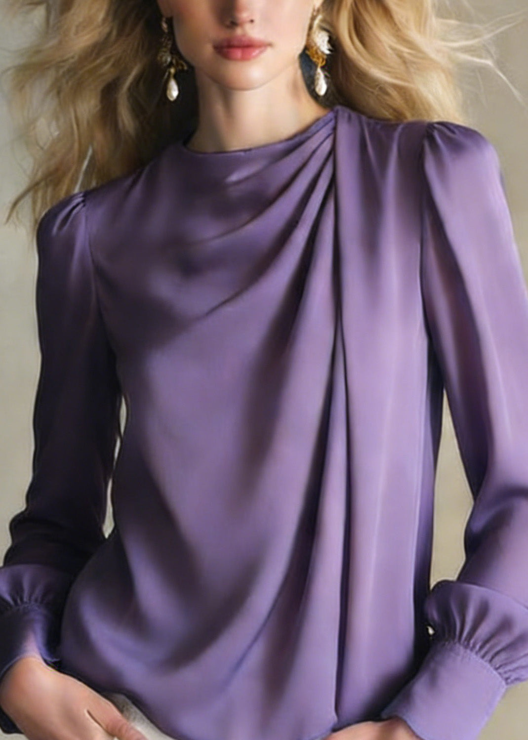 Classy Purple Wrinkled Silk Shirt Top Spring