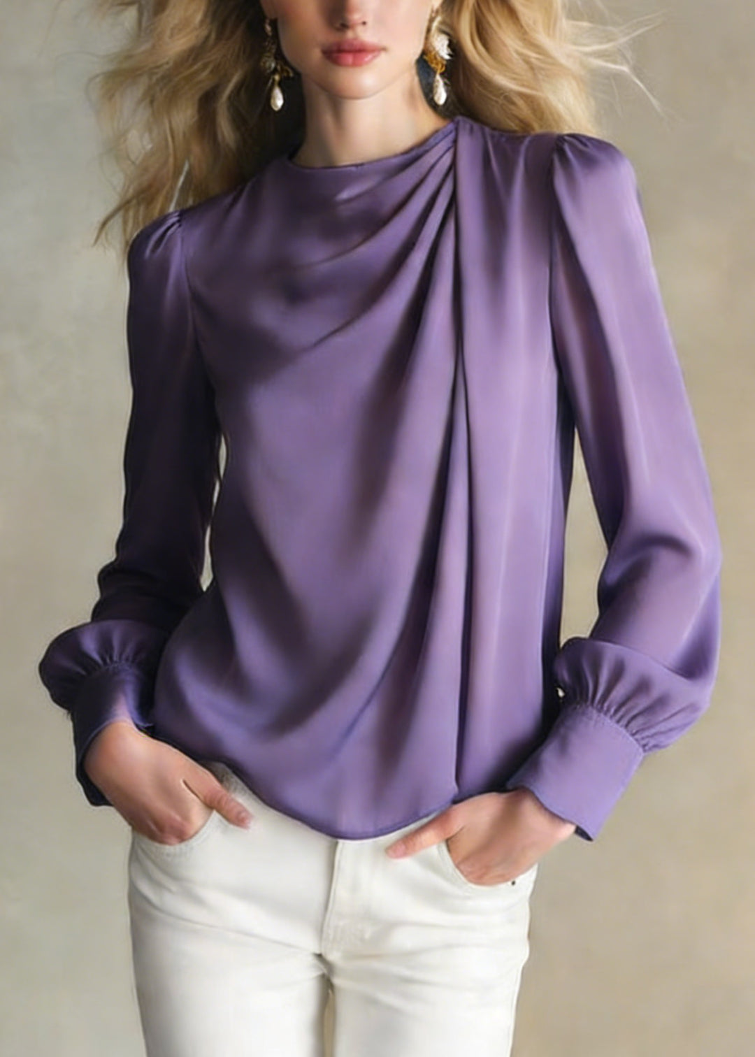 Classy Purple Wrinkled Silk Shirt Top Spring
