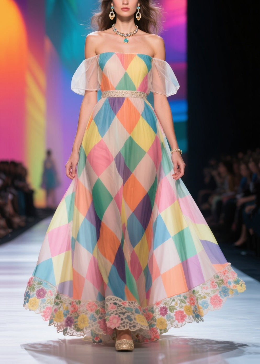 Classy Rainbow Plaid Patchwork Lace Chiffon Strapless Dress Summer