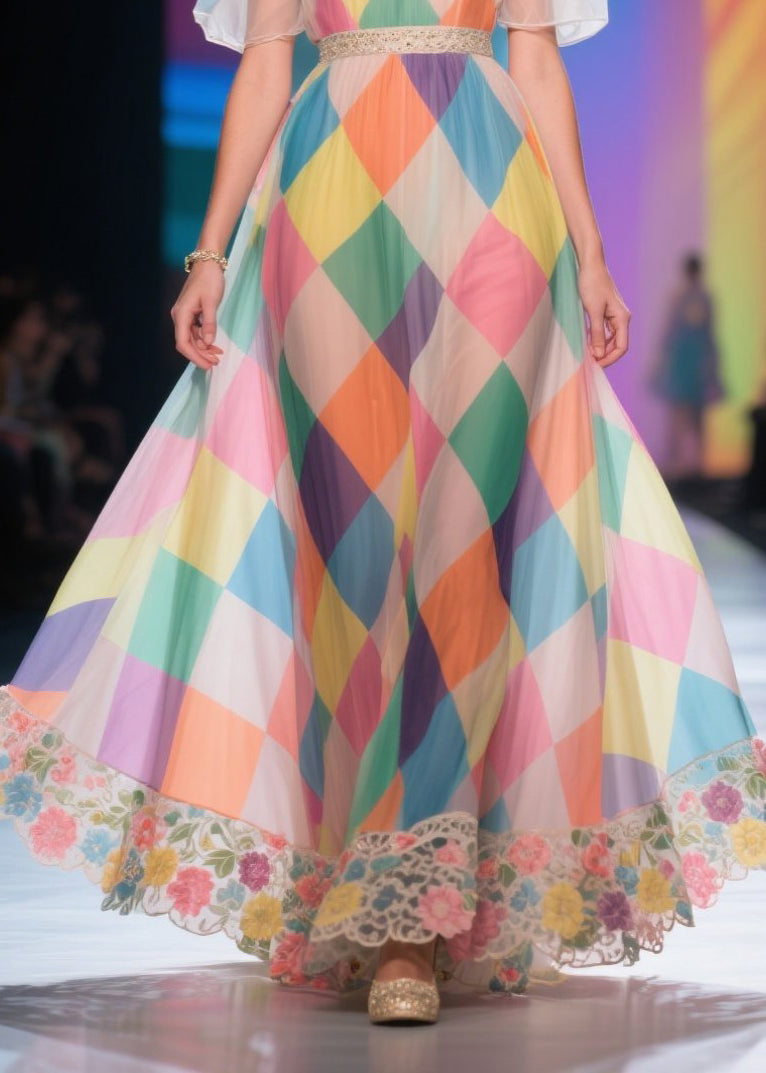 Classy Rainbow Plaid Patchwork Lace Chiffon Strapless Dress Summer