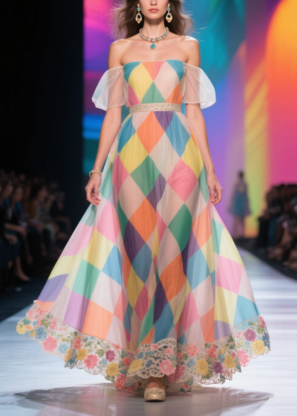 Classy Rainbow Plaid Patchwork Lace Chiffon Strapless Dress Summer