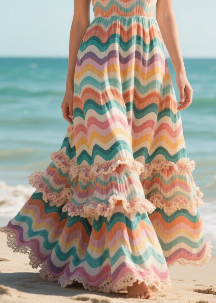 Classy Rainbow Ruffled Striped Chiffon Sun Dress Summer