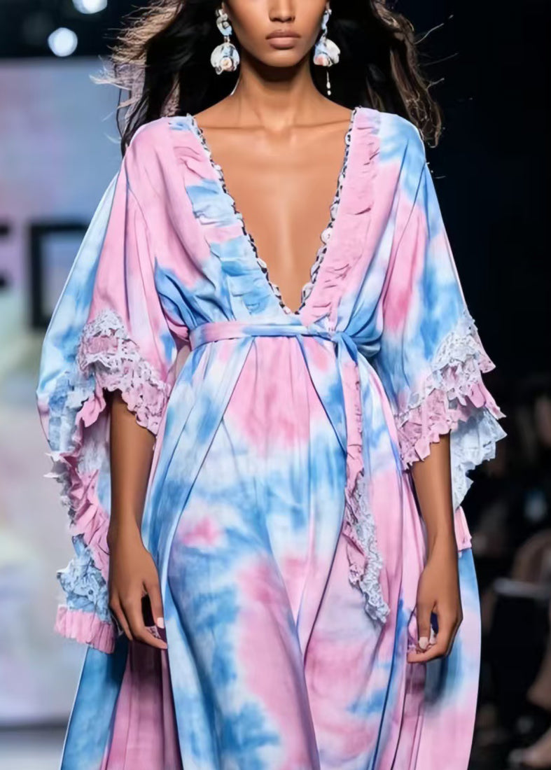 Classy Rainbow Tie Dye Exra Large Hem Chiffon Robe Dresses Summer