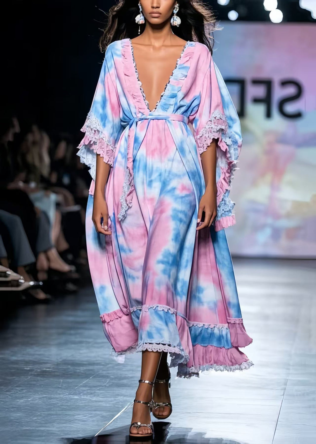 Classy Rainbow Tie Dye Exra Large Hem Chiffon Robe Dresses Summer