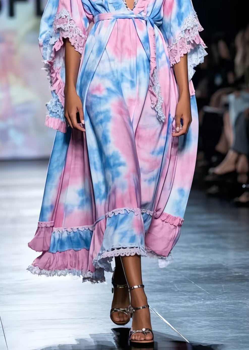 Classy Rainbow Tie Dye Exra Large Hem Chiffon Robe Dresses Summer