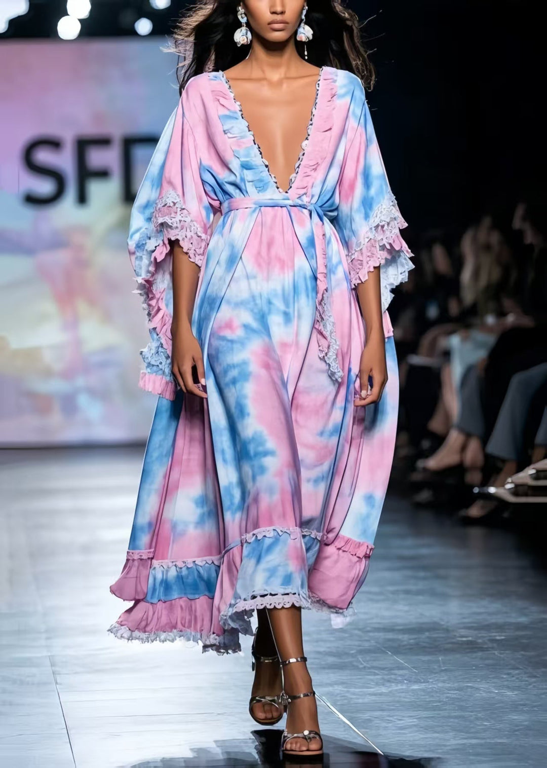 Classy Rainbow Tie Dye Exra Large Hem Chiffon Robe Dresses Summer