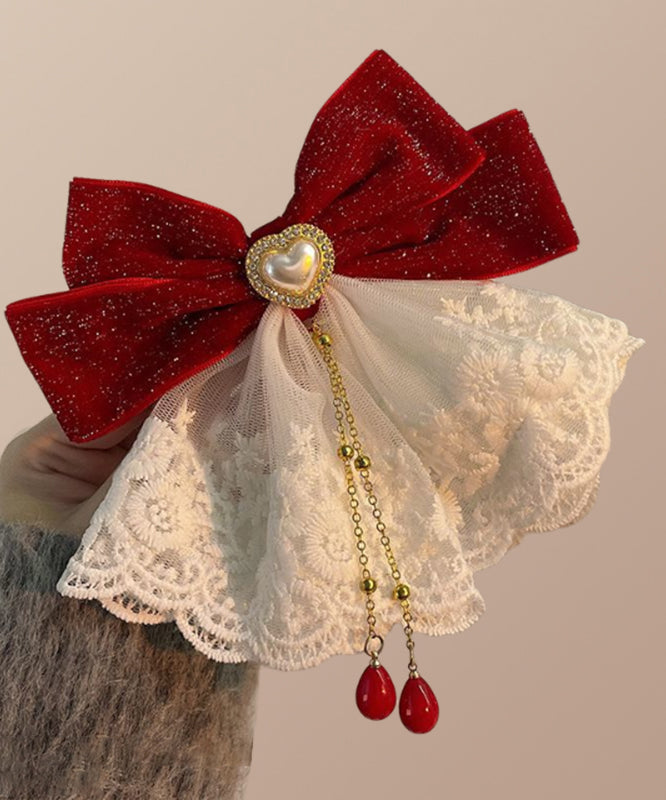 Classy Red Alloy Love Crystal Bow Tassel Hairpin