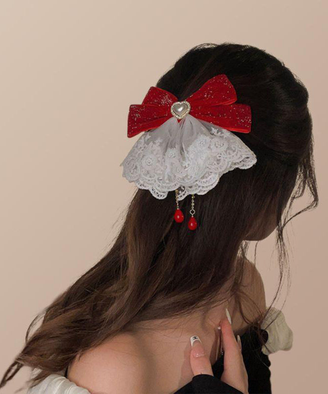 Classy Red Alloy Love Crystal Bow Tassel Hairpin