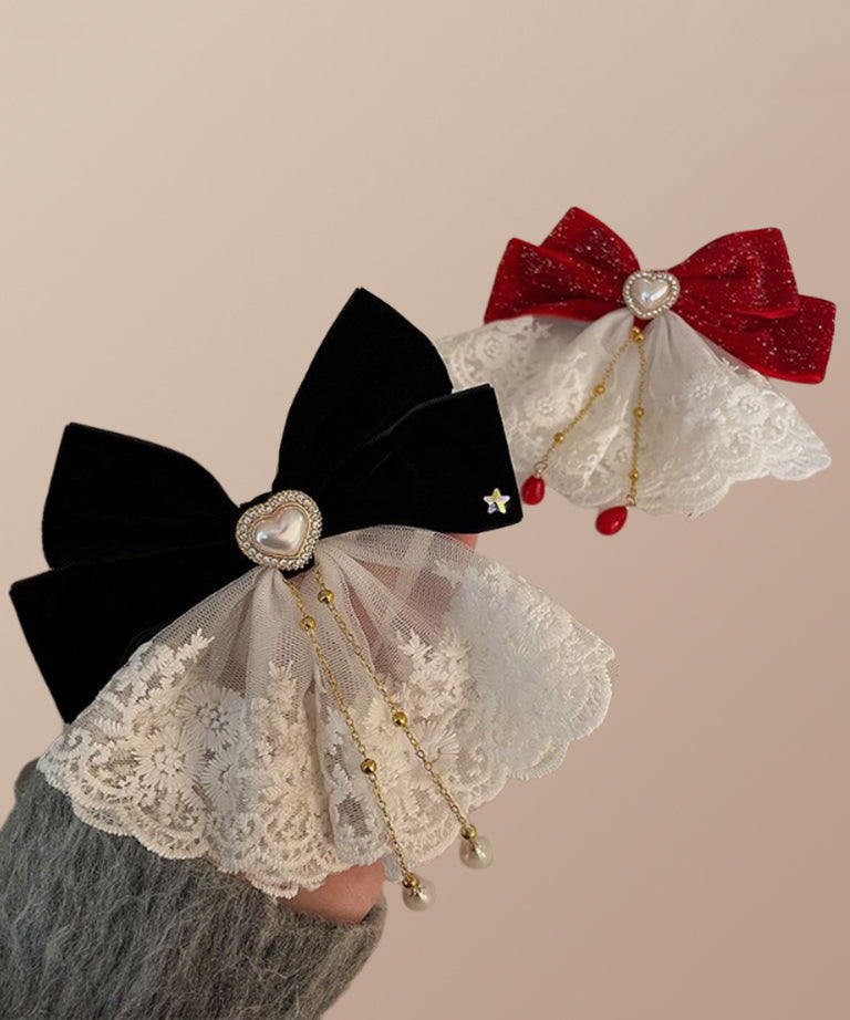 Classy Red Alloy Love Crystal Bow Tassel Hairpin