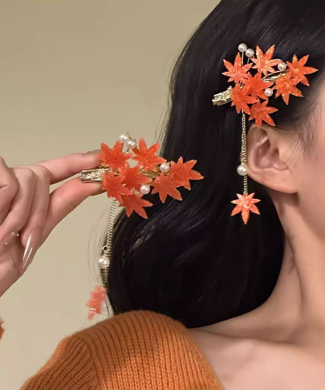 Classy Red Alloy Maple Leaf Osmanthus Glass Flower Tassel A Pair Hairpin