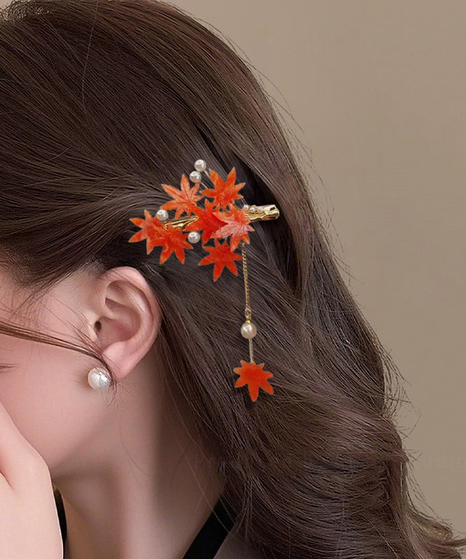 Classy Red Alloy Maple Leaf Osmanthus Glass Flower Tassel A Pair Hairpin