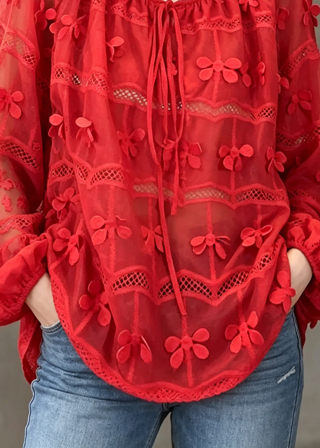 Classy Red Embroidered Hollow Out Patchwork Cotton Top Lantern Sleeve