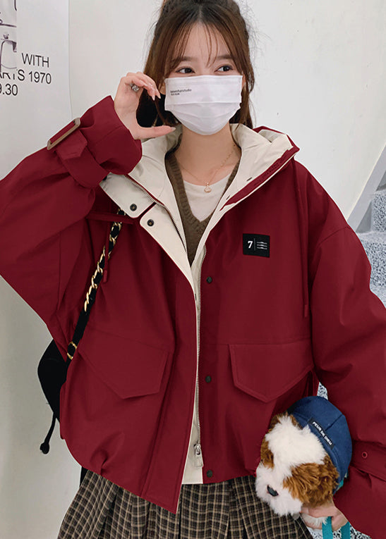 Classy Red Hooded Pockets Fine Cotton Filled Parkas Winter