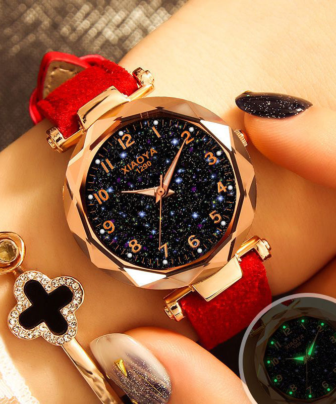 Classy Red Leather Starry Sky Waterproof Luminous Watch