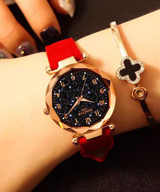 Classy Red Leather Starry Sky Waterproof Luminous Watch
