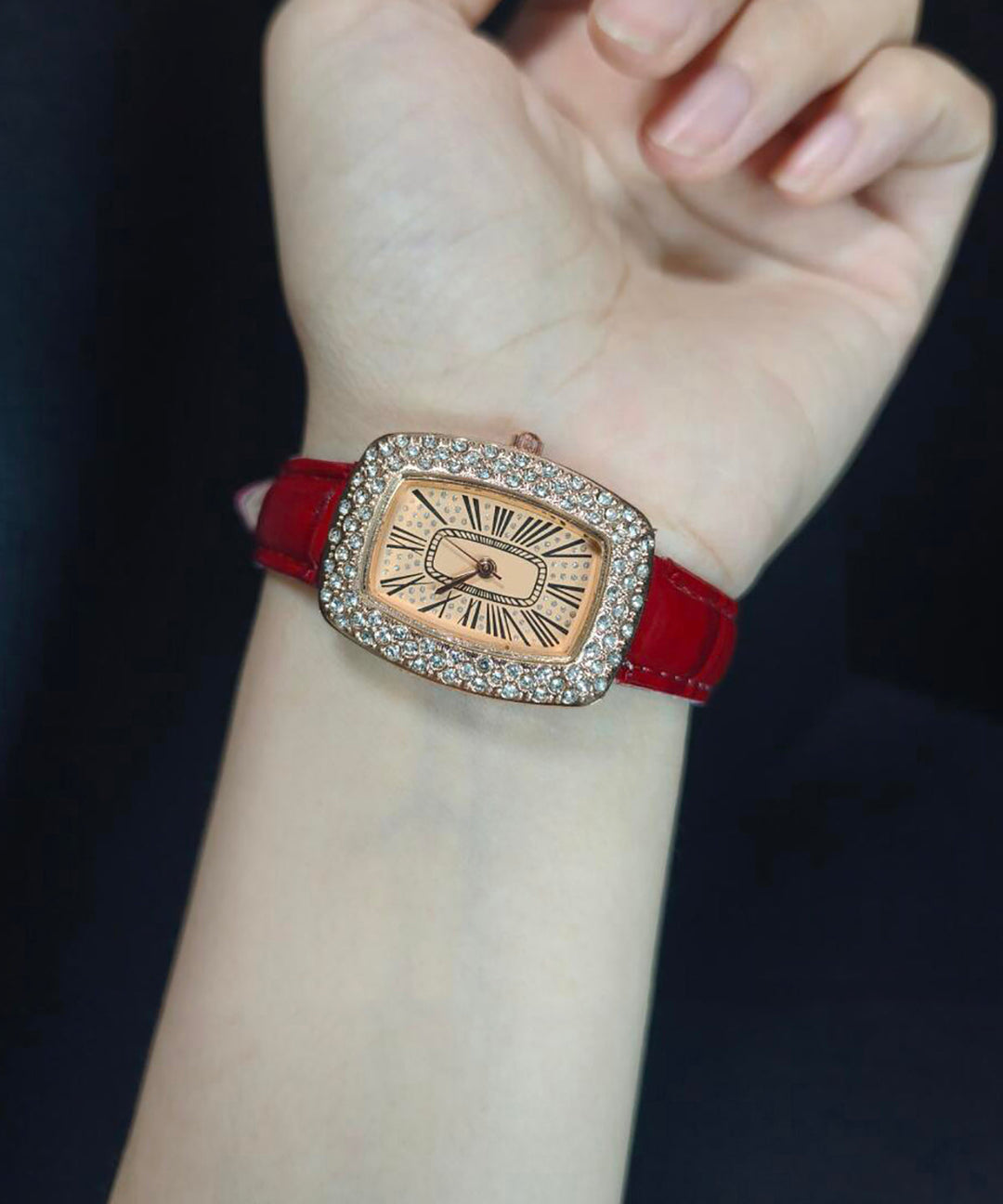 Classy Red Leather Zircon Baby's Breath Waterproof Watches