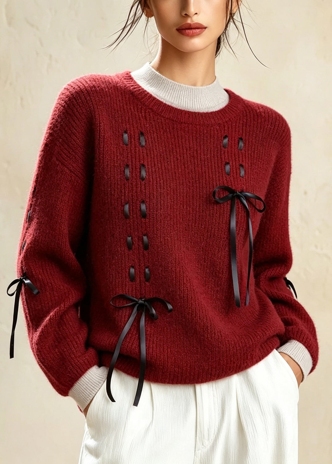 Classy Red O Neck Bow Lace Up Thick Knit Sweater Fall