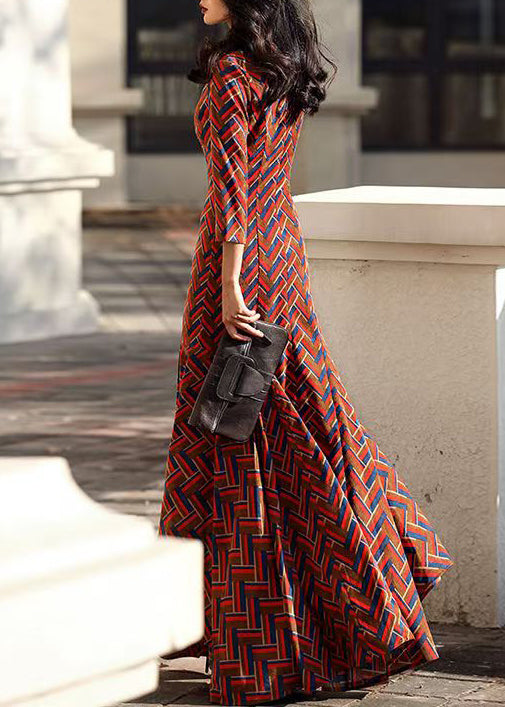 Classy Red O Neck Print Patchwork Corduroy Dress Fall