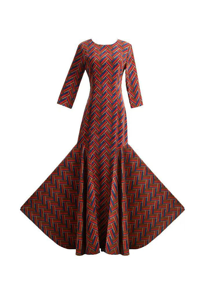 Classy Red O Neck Print Patchwork Corduroy Dress Fall