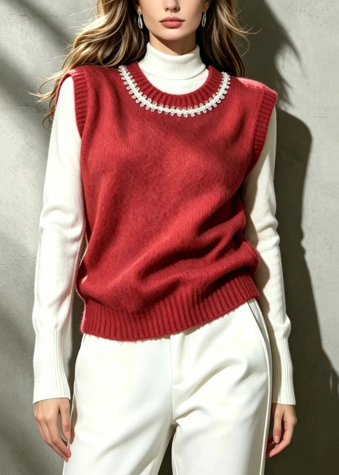 Classy Red O-Neck Sequins Knit Vest Sleeveless