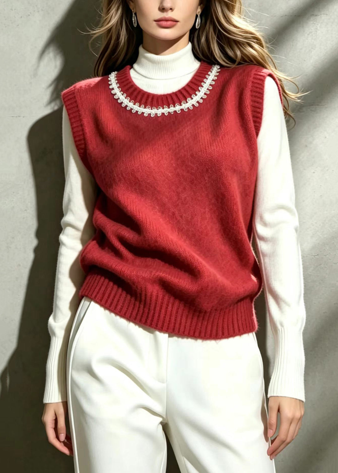 Classy Red O-Neck Sequins Knit Vest Sleeveless
